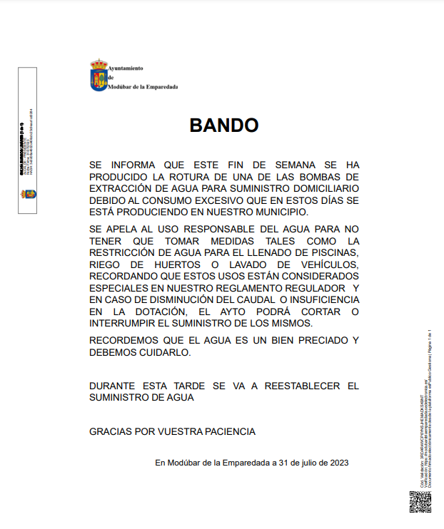 BANDO CORTE SUMINISTRO DE AGUA JULIO DE 2023