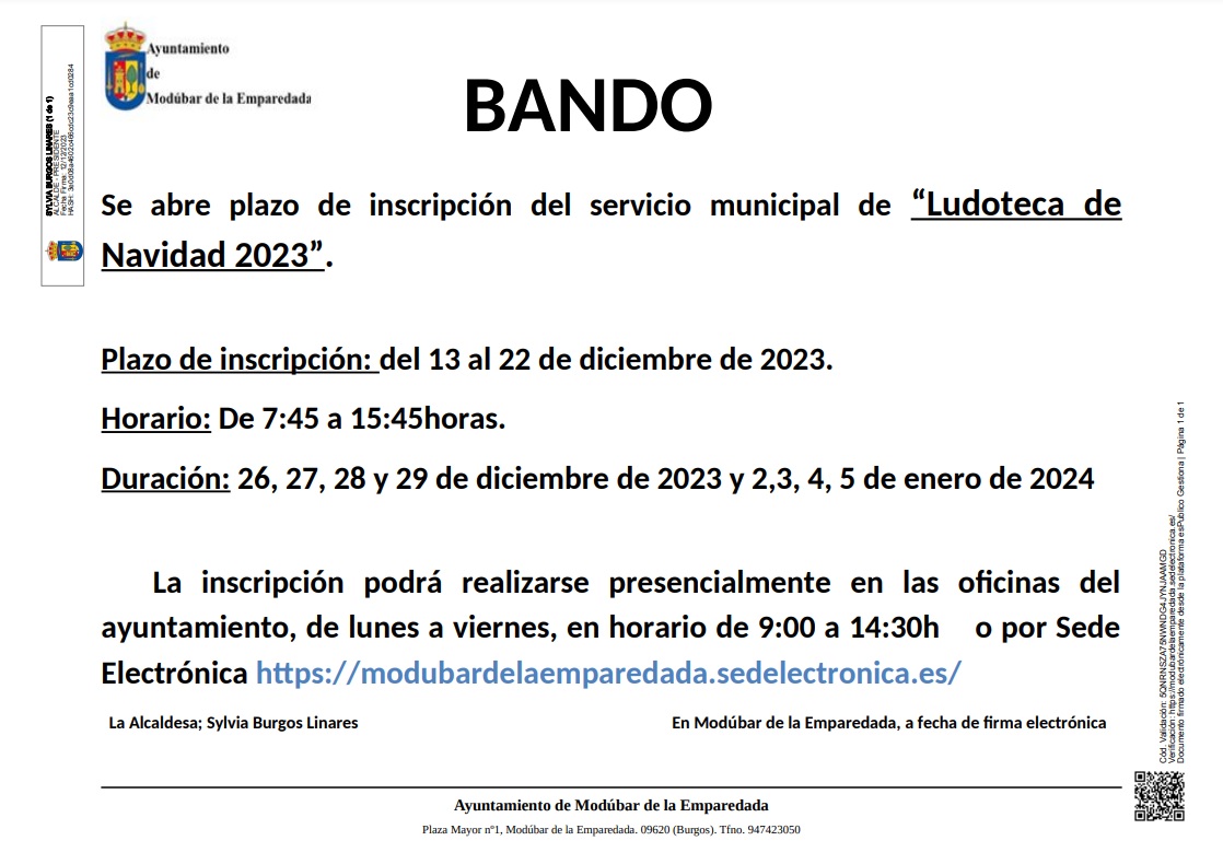 BANDO ABIERTO PLAZO DE INSCRIPCIONES SERVICIO MUNICIPAL LUDOTECA DE NAVIDAD 2023