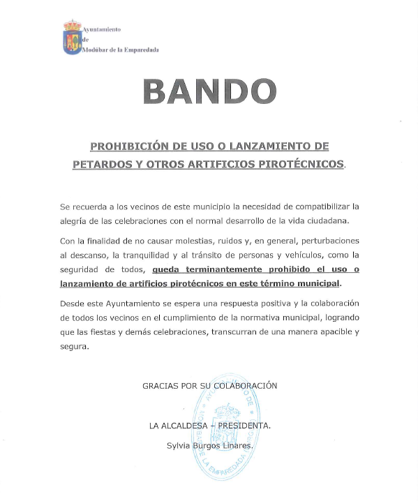 BANDO PROHIBICIÓN DE USO O LANZAMIENTO DE PETARDOS Y OTROS ARTIFICIOS PIROTÉCNICOS