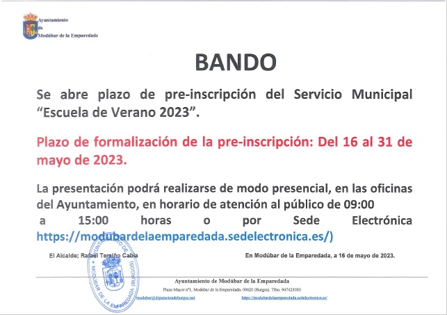 BANDO APERTURA PLAZO DE PREINSCRIPCIÓN DEL SERVICIO MUNICIPAL ESCUELA  DE VERANO 2023