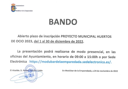 BANDO INICIO PLAZO DE INSCRIPCIÓN PROYECTO MUNICIPAL HUERTOS DE OCIO 2023