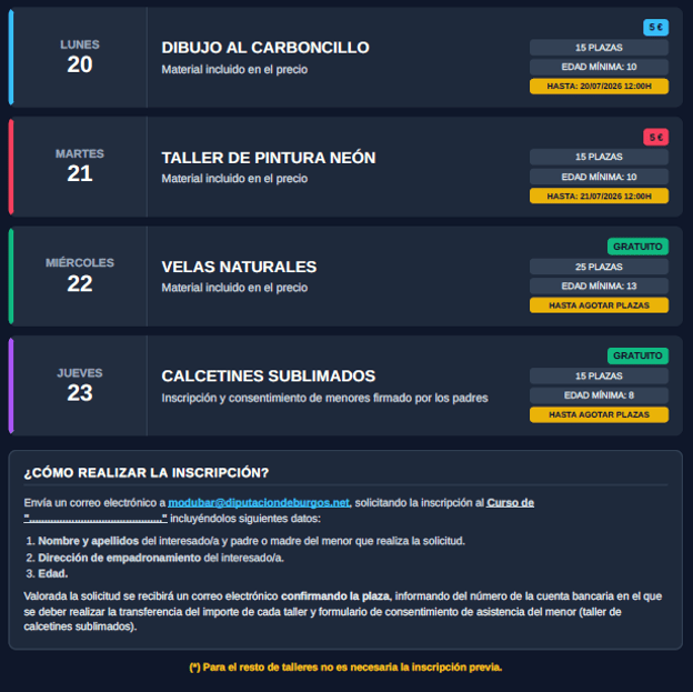 SEMANA CULTURAL 2026: INFORMACIÓN E INSTRUCCIONES PARA REALIZAR LA INSCRIPCIÓN PARA LOS TALLERES CON PLAZAS LIMITADAS Y/O EDAD MÍNIMA 								