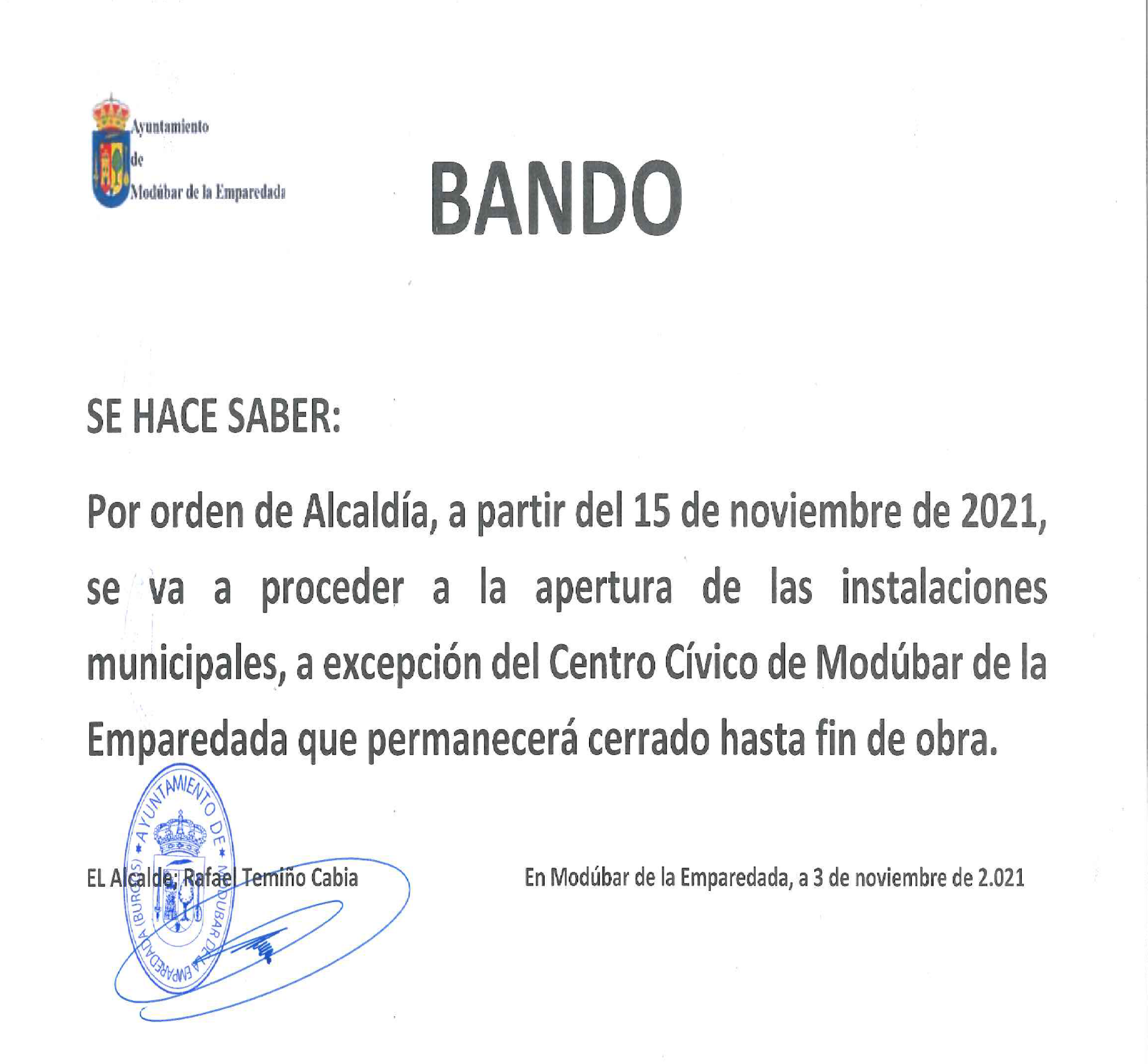 BANDO APERTURA INSTALACIONES MUNICIPALES