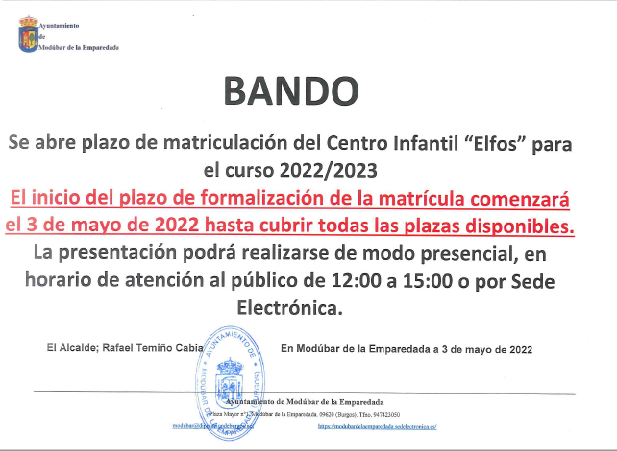 BANDO APERTURA PLAZO DE MATRICULACIÓN SERVICIO MUNICIPAL DE GUARDERÍA CURSO 2022/2023