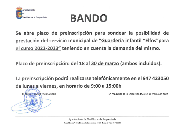 BANDO PREINSCRIPCIÓN SERVICIO MUNICIPAL DE GUARDERÍA  CURSO 2022_2023
