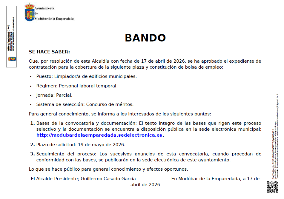 BANDO CONVOCATORIA PROVISIÓN DE PLAZA LIMPIADOR DE EDIFICIOS MUNICIPALES COMO PERSONAL LABORAL TEMPORAL Y BOLSA DE EMPLEO