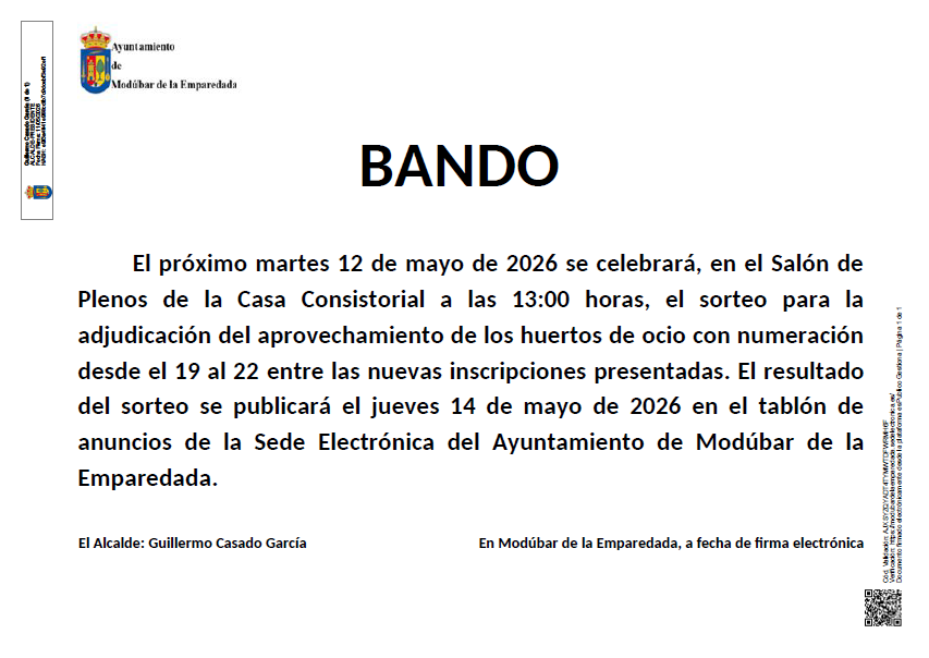 BANDO SORTEO ADJUDICACIÓN APROVECHAMIENTO HUERTOS DE OCIO 2026-2028