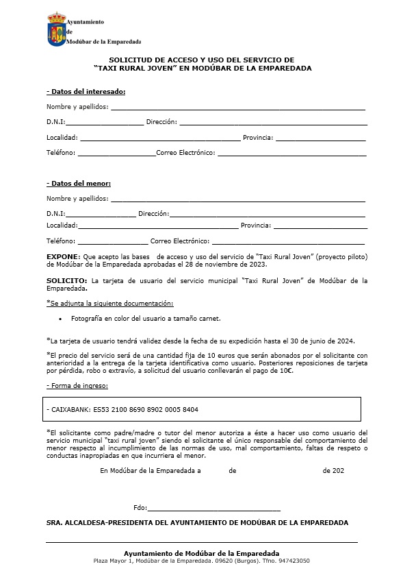 FORMULARIO SOLICITUD SERVICIO TAXI RURAL JOVEN